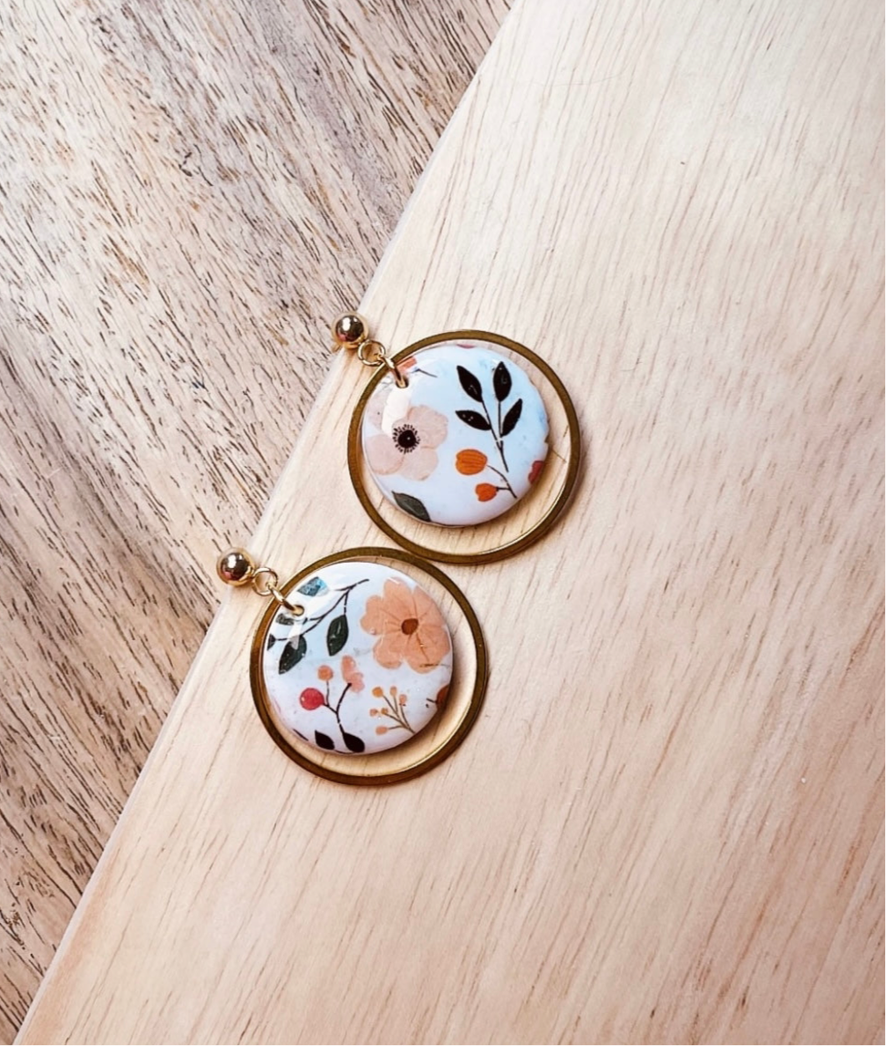 Polymer Clay Ohrringe mit filigranem Stecker und Polymer Clay Anhänger mit Blumen und Edelstahlring.