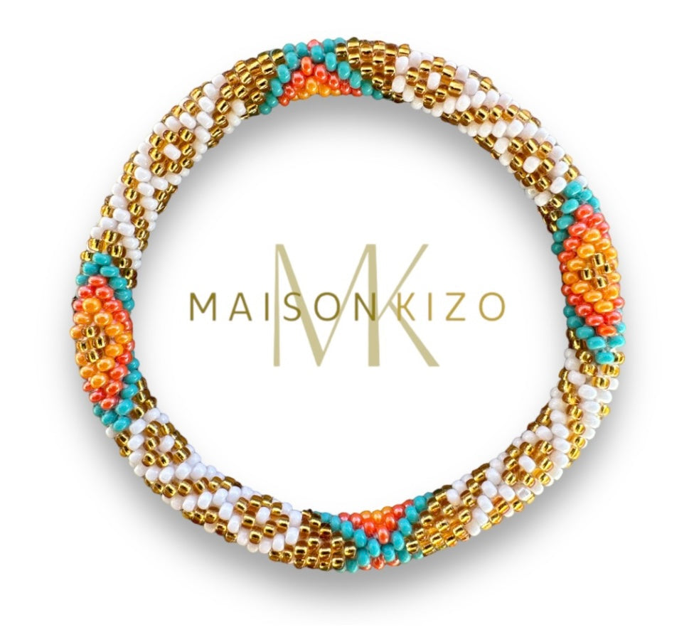 Fair Trade hergestelltes Glasperlen Armband mit Miyuki Perlen! Handgearbeitet in knalligen Orange, Gold, Türkis und weiß