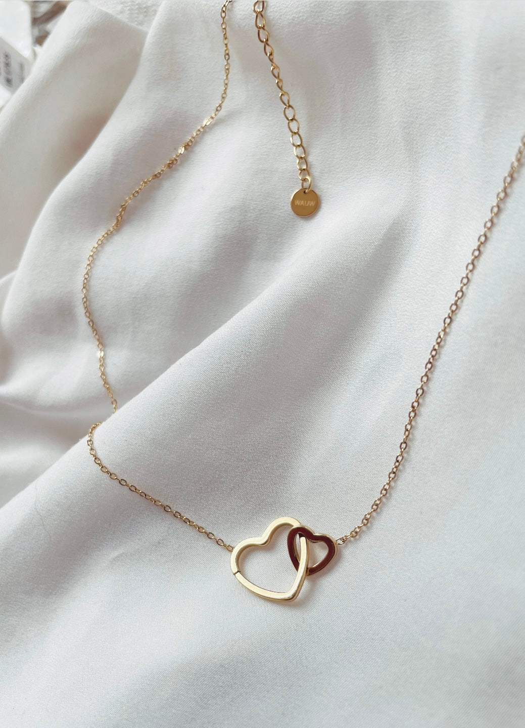 Edelstahlkette mit zwei verbundenen Herzen. Ein größeres und ein Kleiners Herz sind in einander gehangen und an eine feine Gliederkette angebracht.