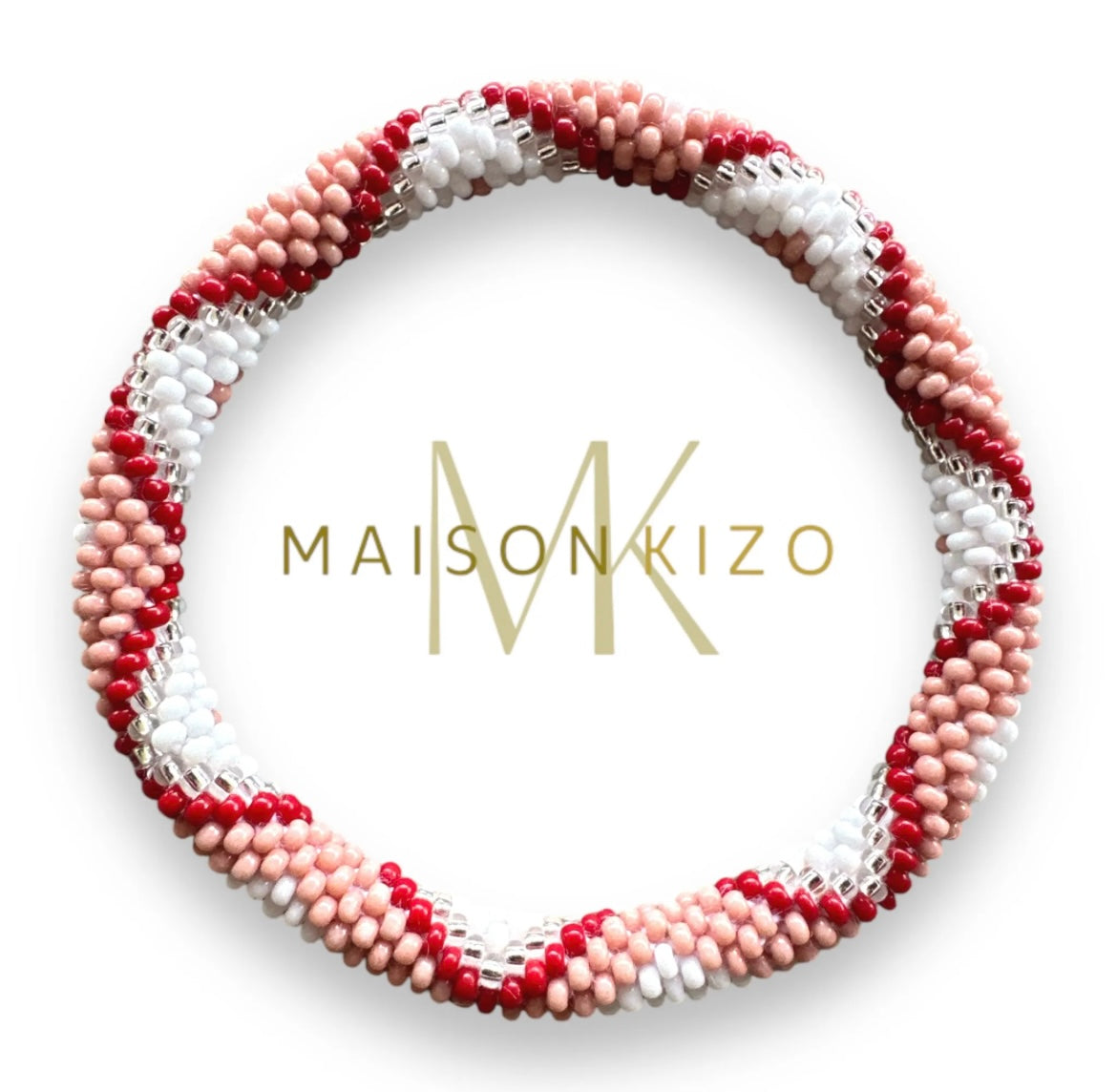 Fair Trade hergestelltes Glasperlen Armband mit Miyuki Perlen. Handgearbeitet in Boho Muster mit den Farben Hell Rosa, Rot, Weiß und Silber!