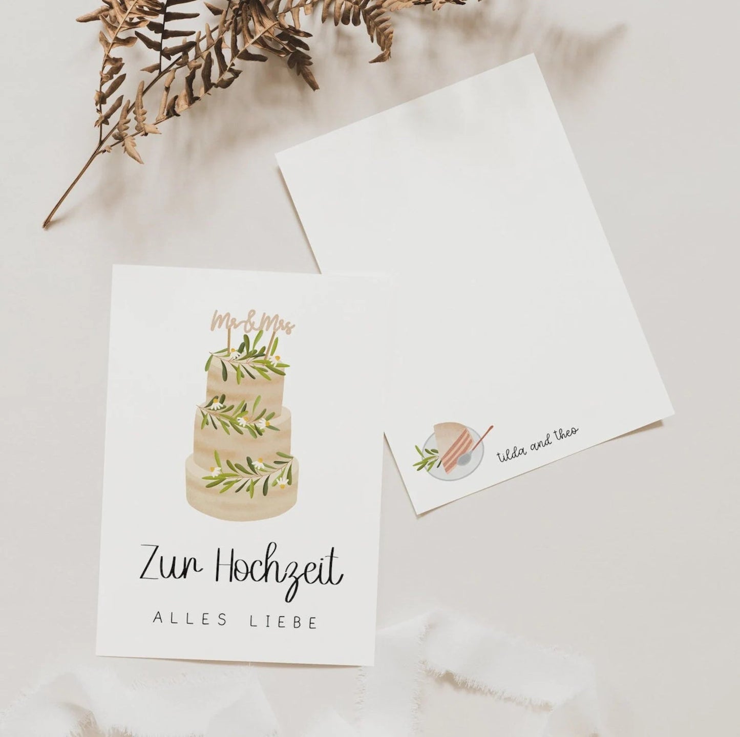 Postkarte zurHochzeit mit Hochzeits Torten Illustration von Tilda & Theo im A6 Format. Auf hochwertiges Naturpapier gedruckt.
