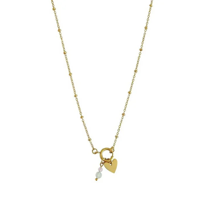 Goldene Edelstahl Kette mit Schloss und hochglanzpoliertem Herz. Dazu mit Rosenquarz und Jade Stein.
