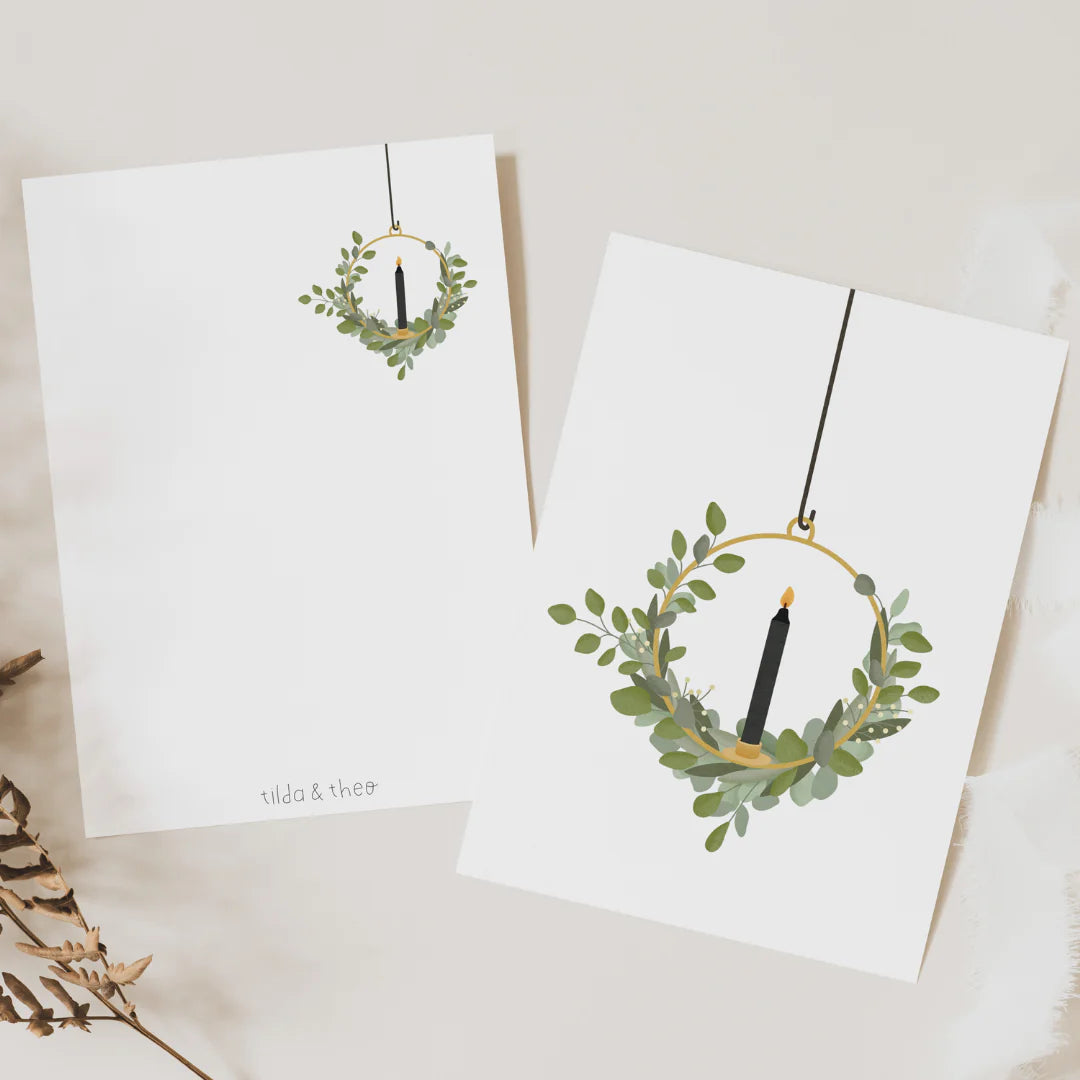 Postkarte Weihnachts- oder Wintergrüße mit Eukalyptuskranz Illustration von Tilda & Theo im A6 Format. Auf hochwertiges Naturpapier gedruckt.