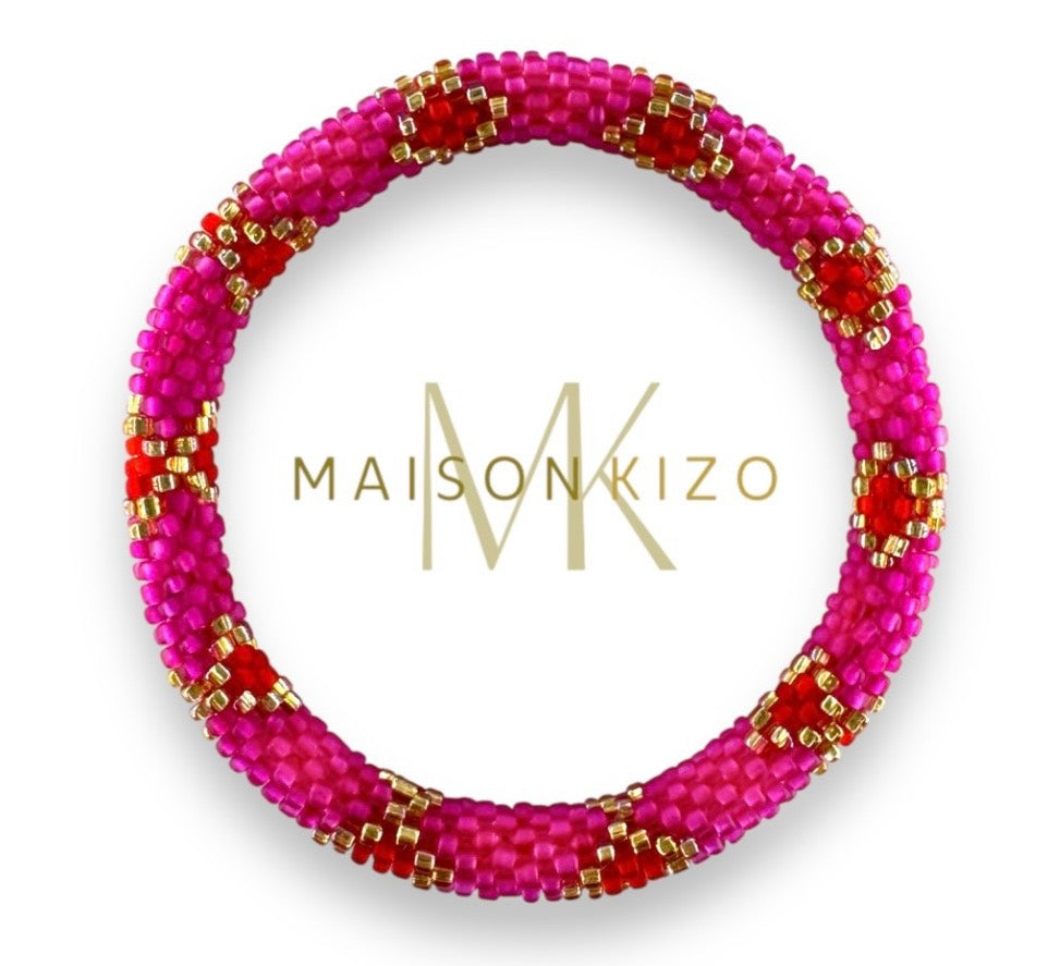 Handgefertigtes Gasperlen Armband aus Nepal mit Miyuki Perlen in pink, rot und gold.