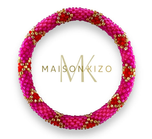Handgefertigtes Gasperlen Armband aus Nepal mit Miyuki Perlen in pink, rot und gold.