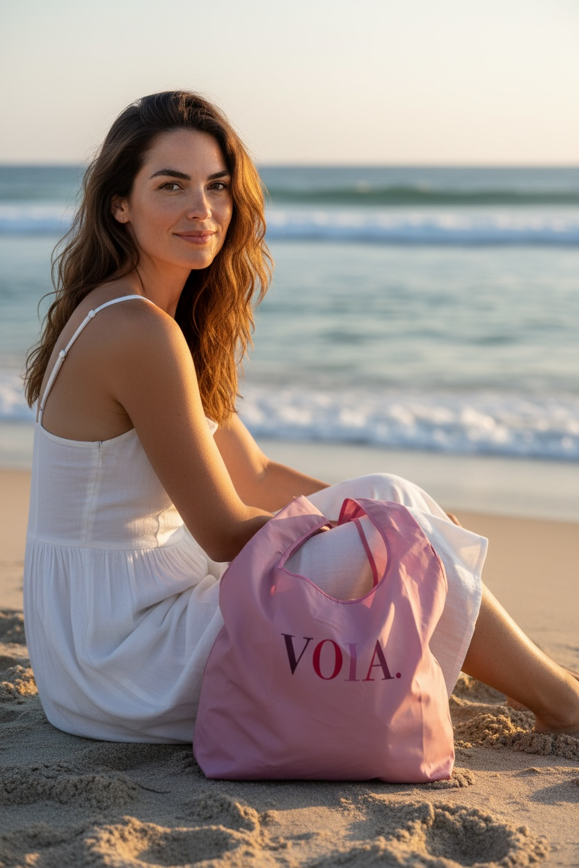 Faltbarer wasserabweisender Shopper rosa/pink Muster mit Aufschrift „Violà“ ! Für Einkäufe oder als Strandtasche verwendbar. Praktisch mit Aufbewahrungs Beutel. 