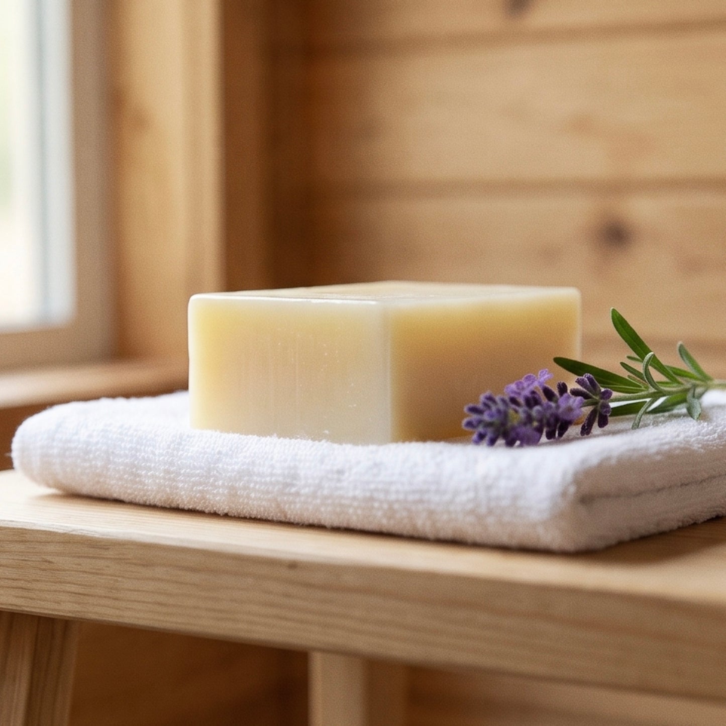 Naturseife Lavendel aus Sheabutter, Kokosöl und ätherischen Ölen, cremefarben mit Lavendelduft