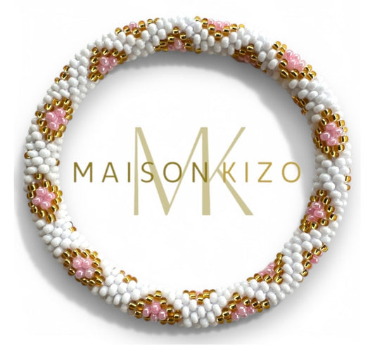 Fair Trade hergestelltes Glasperlen Armband mit Miyuki Perlen. Handgearbeitet in den Farben weiß, rosa und gold!