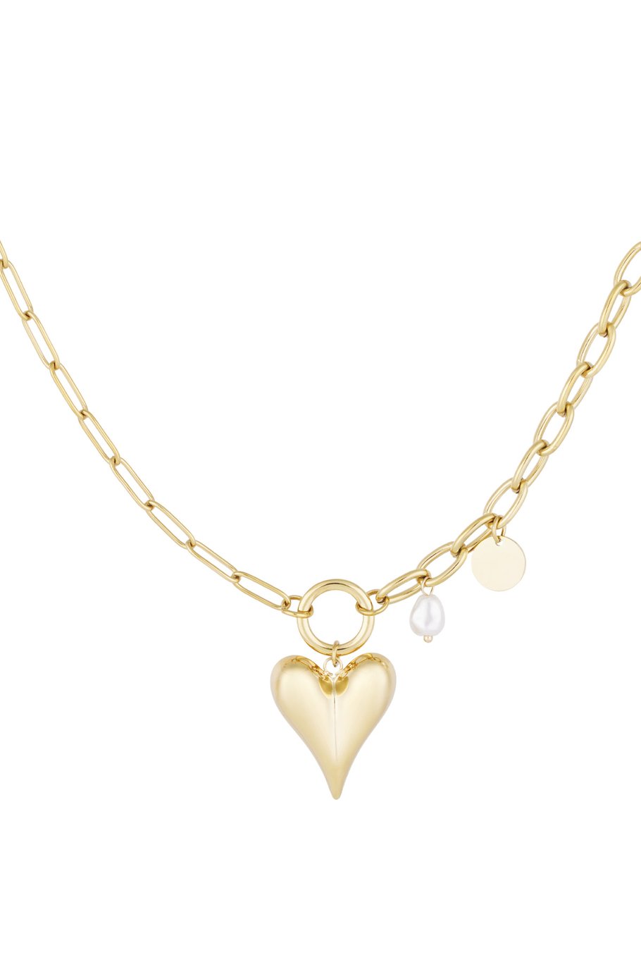 Gliederkette mit großen Glieder und großem Herz Anhänger. Zusätzlich ein Perlenanhänger und ein Edelstahlplättchen. 