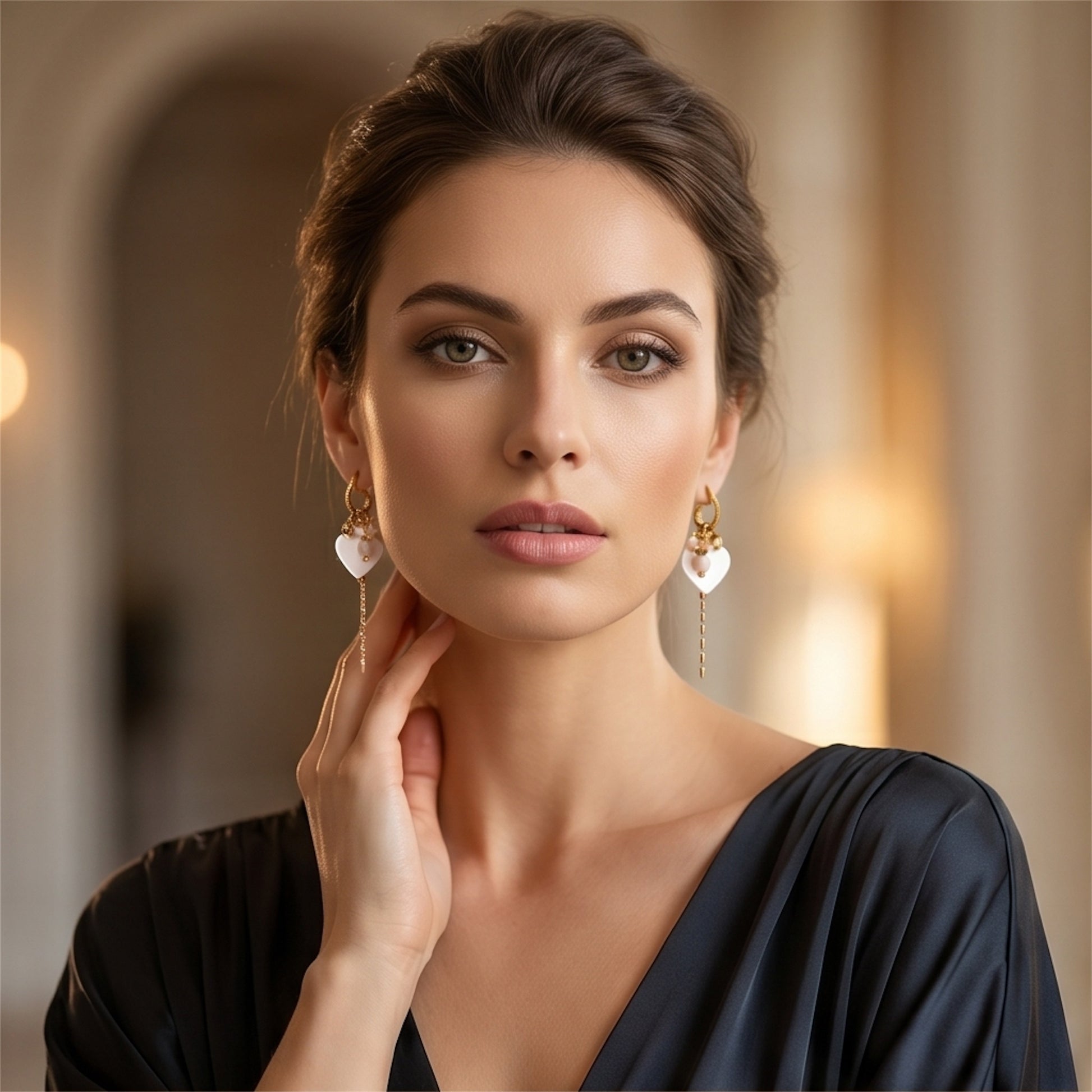 In die Goldene Click Creole ist ein gedrehter Ring eingehangen. An dem Ring hängt ein weißes Perlmutt Herz. Zudem sind weitere kleine Steinchen in nude und weiß