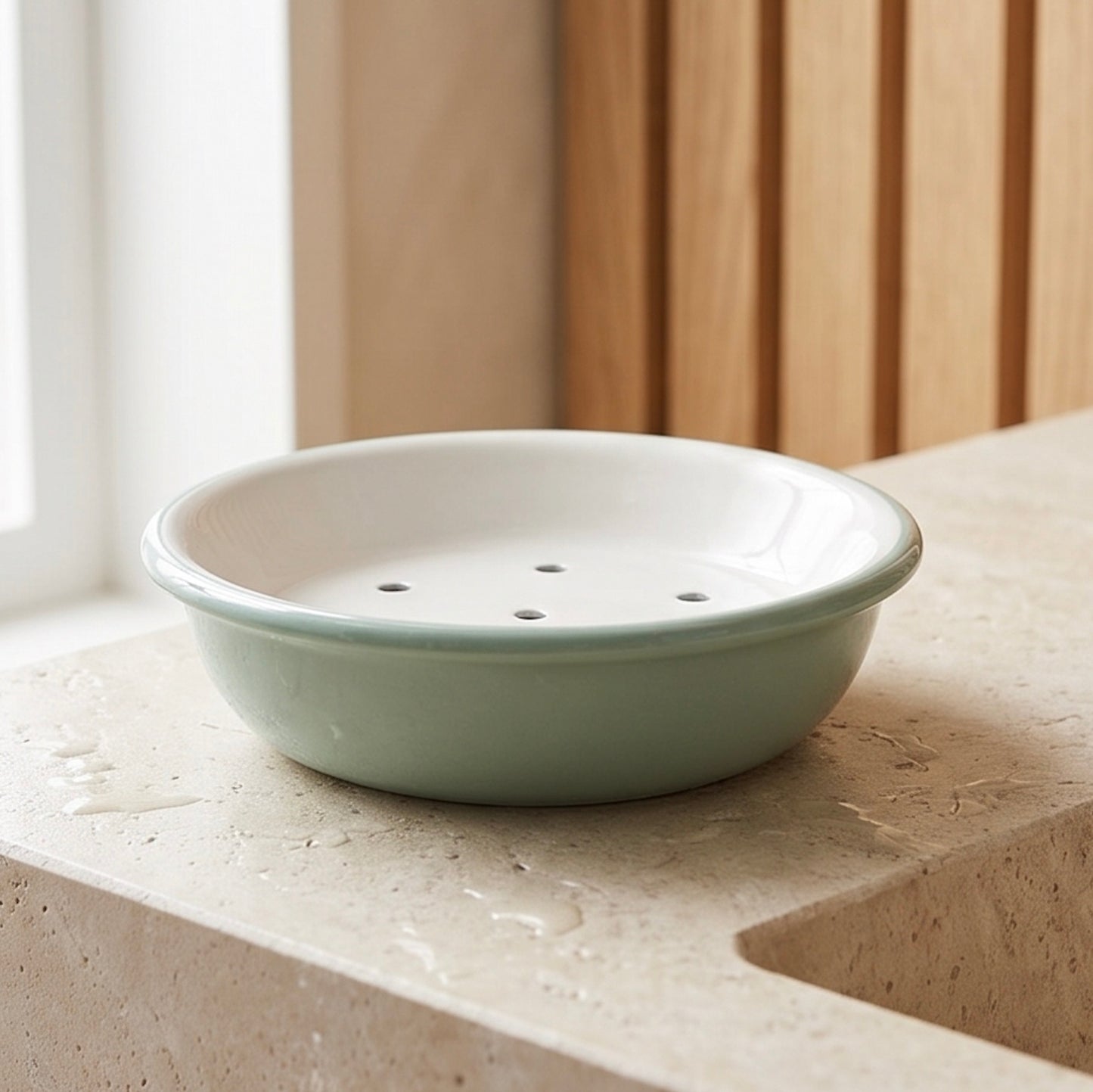Vintage Emaille-Seifenschale in Mint/weiß und rund, mit Ablauflöchern