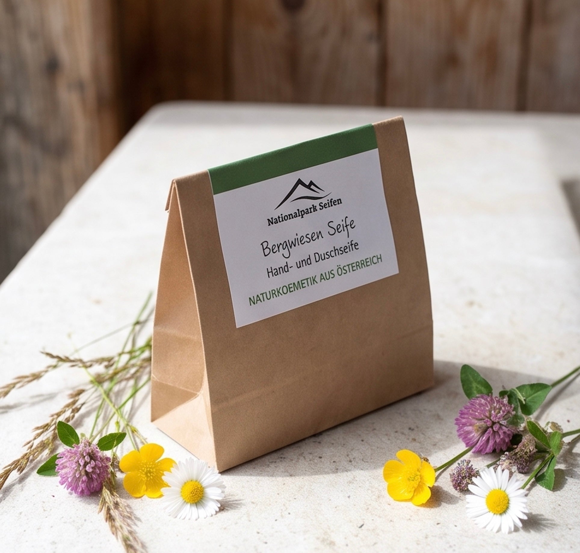 Nachhaltige Papierverpackung der Naturseife Bergwiese aus dem Pinzgau