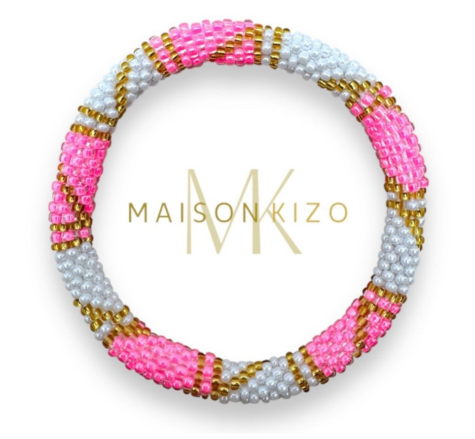 Handgefertigtes Gasperlen Armband aus Nepal mit Miyuki Perlen in knalligen pink, weiß und gold.