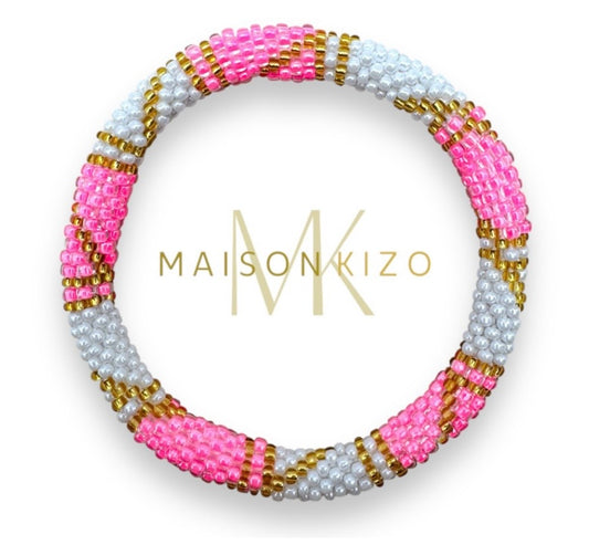 Handgefertigtes Gasperlen Armband aus Nepal mit Miyuki Perlen in knalligen pink, weiß und gold.