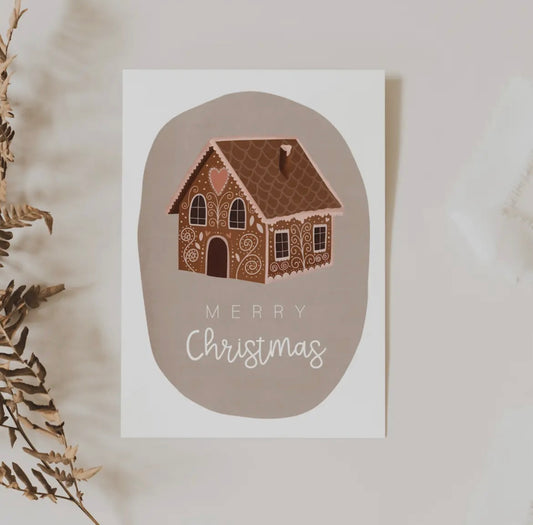 Weihnachtskarte: Merry Christmas. Aufgedruckt mit Braun rosa Lebkuchenhaus. Gedruckt auf Naturpapier