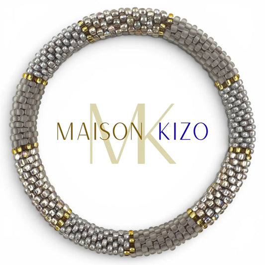 Glasperlenarmband aus Nepal in Grau-Gold-Mix, handgefertigt, Maison KIZO Herbstkollektion 2026