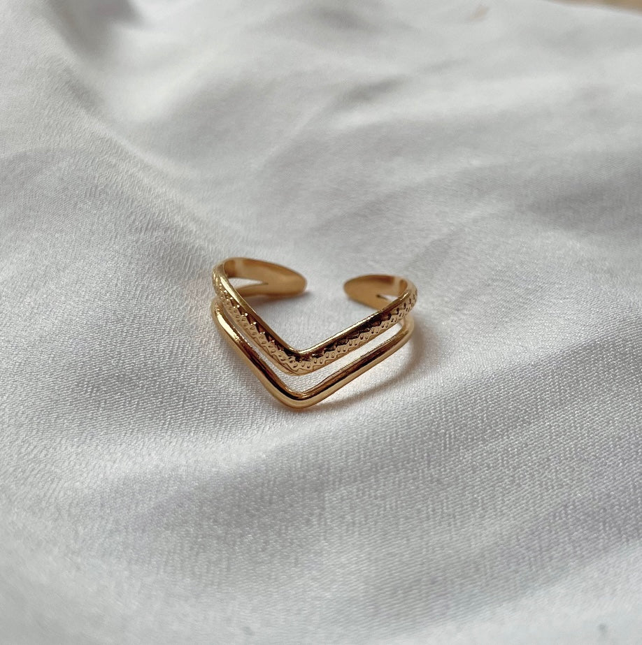 Edelstahl Goldring besteht aus zwei Reihen. Einer hoch glänzenden und einer leicht strukturierten Reihe. Beide sind mit einander verbunden und laufen spitz zu. 