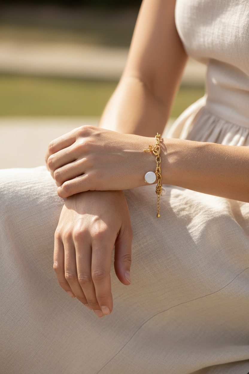 Edelstahl Armband mit länglichen groben Gliedern. Eingehängt sind drei verschiedene Anhänger.
Ein runder Muschel-Anhänger mit natürlichem, sommerlichem Look
Eine kleine Schleife für einen femininen, verspielten Touch und ein persischer Jaspis Stein.
