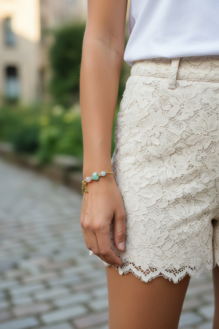 Armband ist aus langlebigem Edelstahl gefertigt, mit drei wunderschönen Edelsteinen veredelt: lila Chalcedon, Amazonit und Aquamarin. Am Verlängerungskettchen ist eine Meerjungfrauen Flosse angebracht