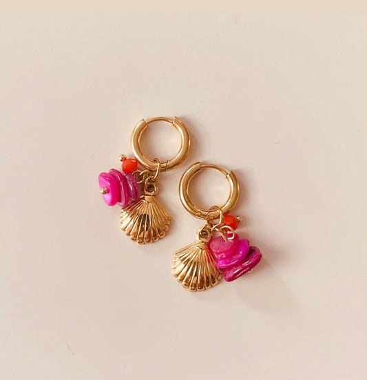 Goldene Klick Creolen mit Edelstahl Muschel Anhänger und roten und pinken Steinchen !