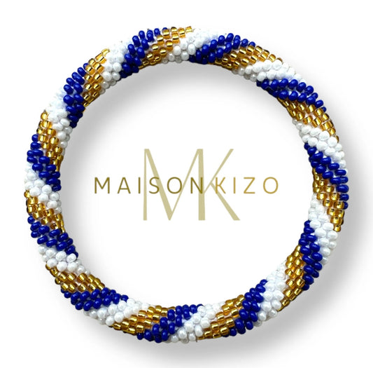 Glasperlen Armband mit wunderschön knalligen Miyuki Perlen in gold, weiß und blau.