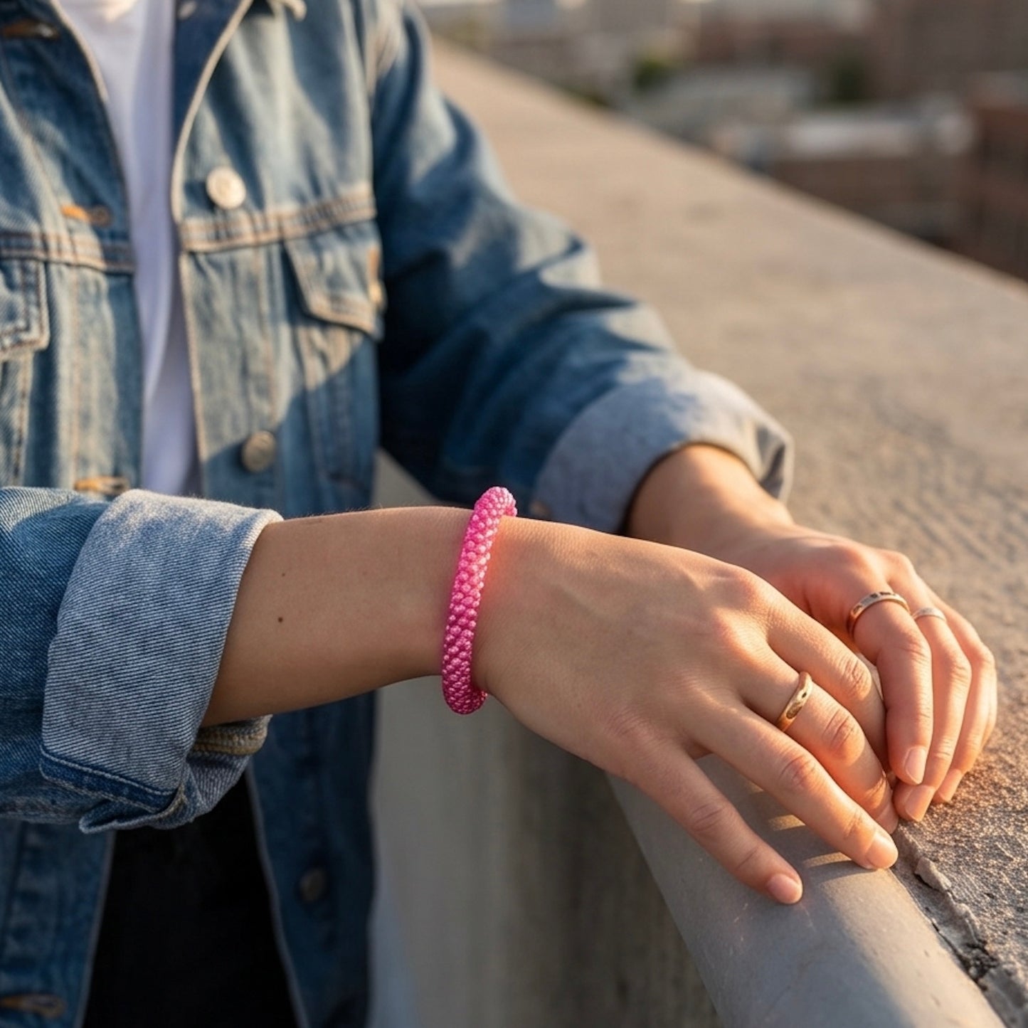 Handgefertigtes Gasperlen Armband aus Nepal mit Miyuki Perlen in knalligen pink.