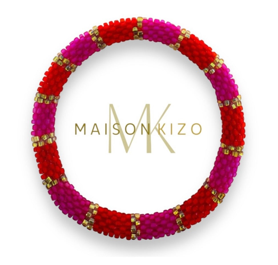 Handgefertigtes Gasperlen Armband aus Nepal mit Miyuki Perlen in rot, pink und Gold