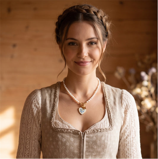 Dirndl Perlenkette Oktoberfest mit ovalen Perlen und Edelstahl-Herzanhänger, Limited Edition