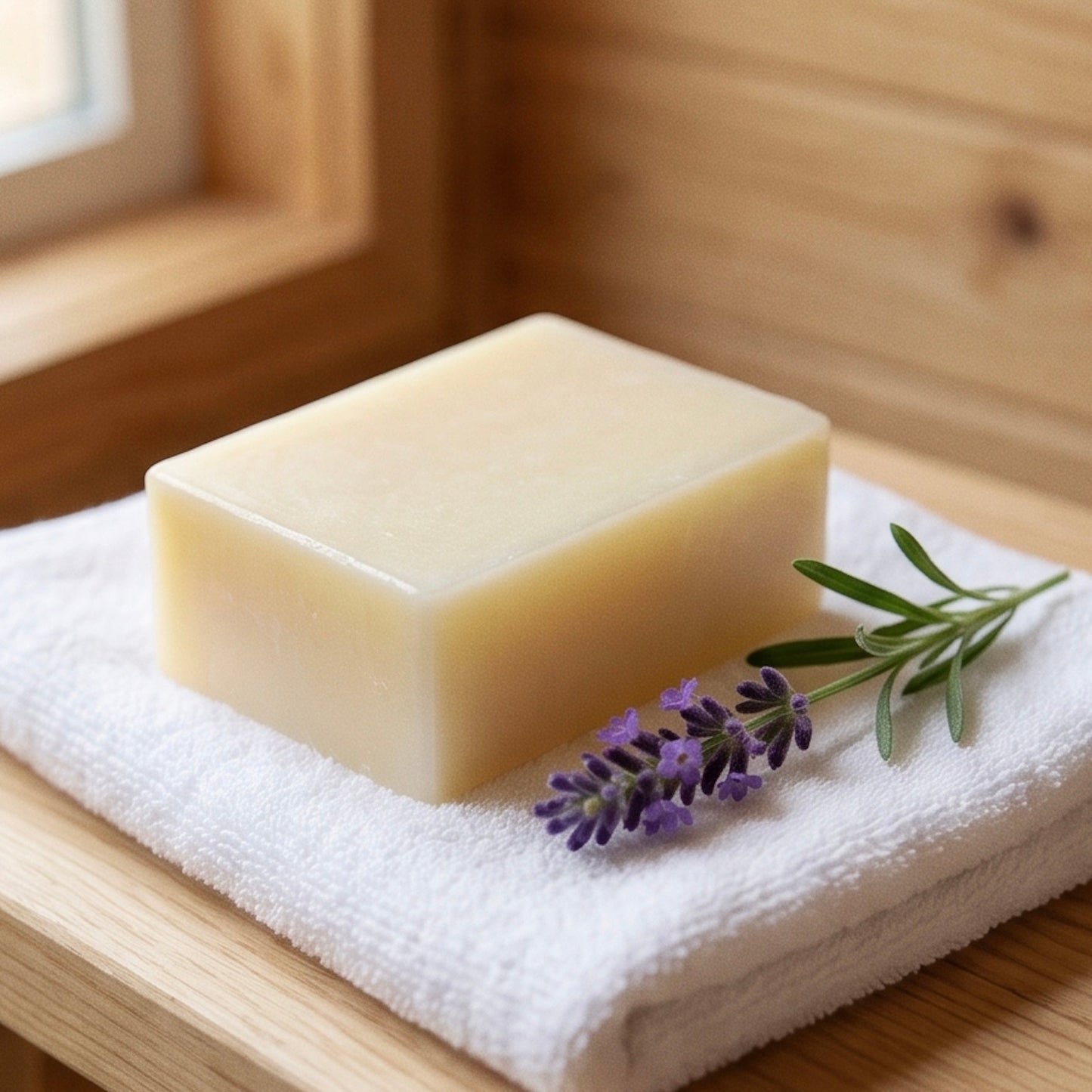 Handgesiedete Naturseife Lavendel mit lila Blütenmuster auf der Oberfläche