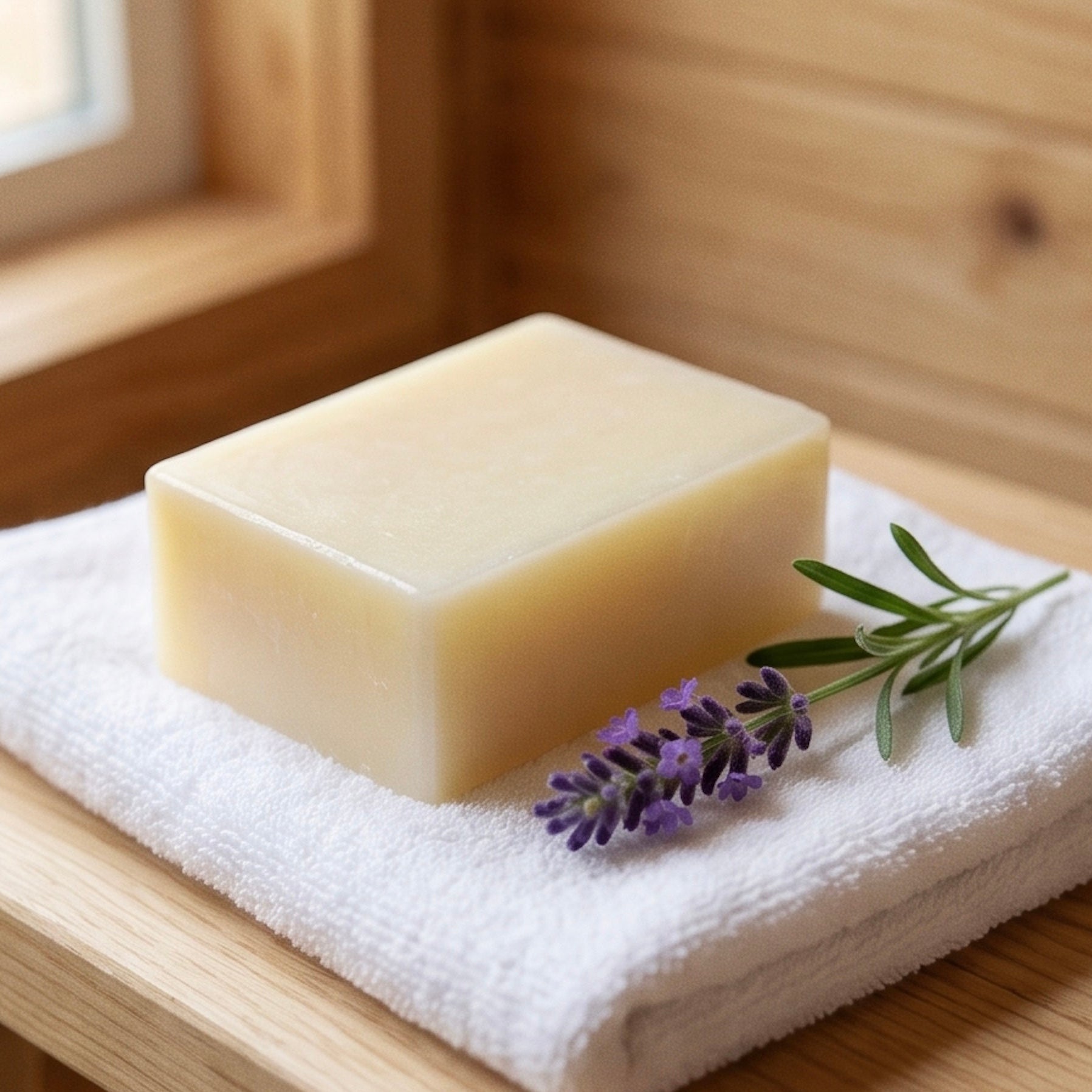 Handgesiedete Naturseife Lavendel mit lila Blütenmuster auf der Oberfläche