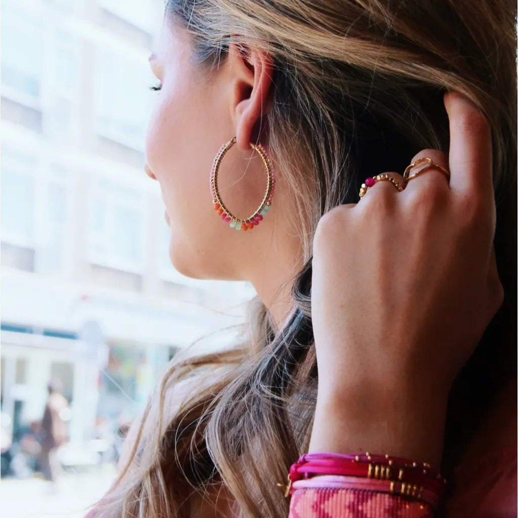 Ovale Edelstahl Creole mit Miyuki und Facetten Perlen in Orange, pink und mint!