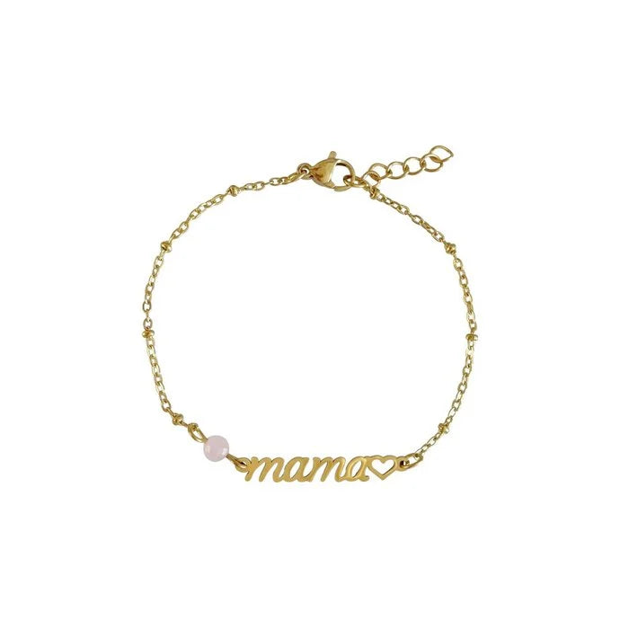 Gold Edelstahl Armband mit Mama Schriftzug und Charm Herz auf Hochglanzpoliert. Ein Rosenquarz im Facettenschliff ist angehängt !