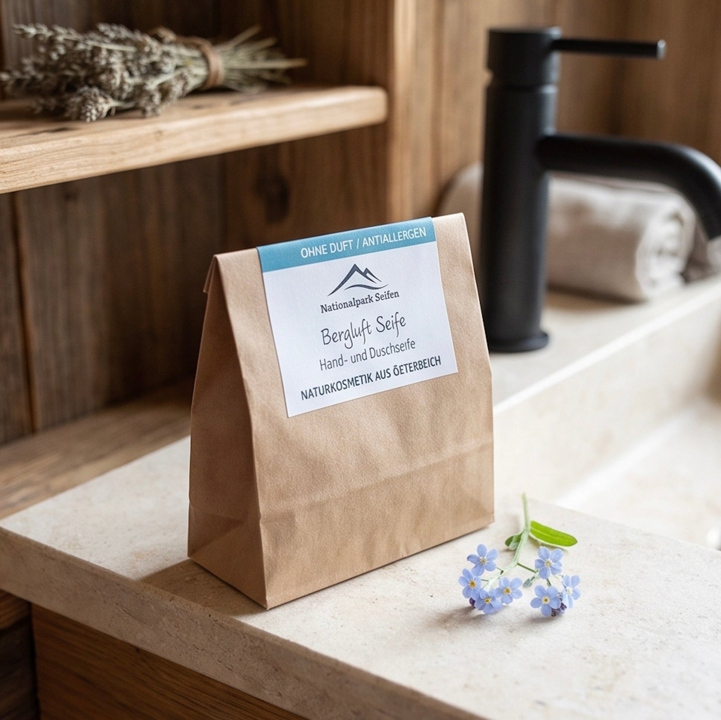 Plastikfreie Verpackung der Naturseife Duftfrei im schlichten Papierbeutel