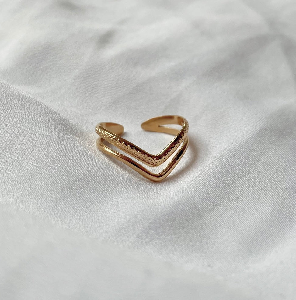 Edelstahl Goldring besteht aus zwei Reihen. Einer hoch glänzenden und einer leicht strukturierten Reihe. Beide sind mit einander verbunden und laufen spitz zu. 