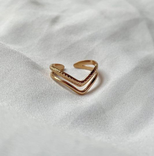 Edelstahl Goldring besteht aus zwei Reihen. Einer hoch glänzenden und einer leicht strukturierten Reihe. Beide sind mit einander verbunden und laufen spitz zu. 