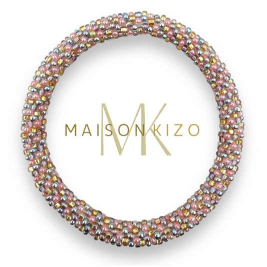 Handgefertigtes Gasperlen Armband aus Nepal mit Miyuki Perlen in Perlmutt Rosa, Silber & Gold