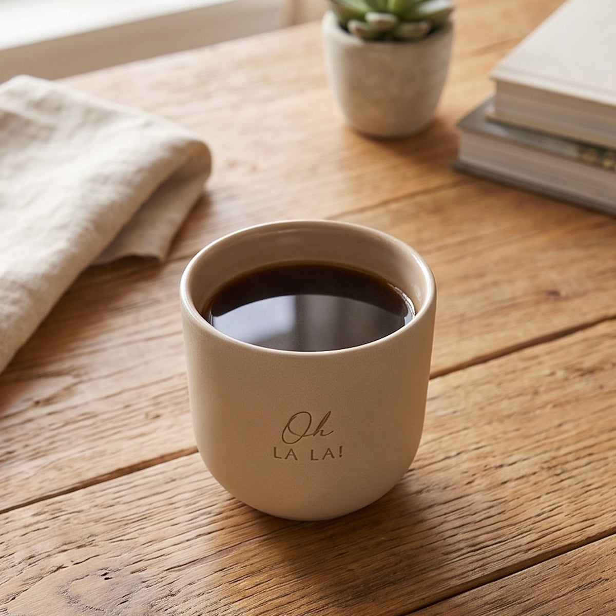 Keramik Becher hellbraun „Oh la la“