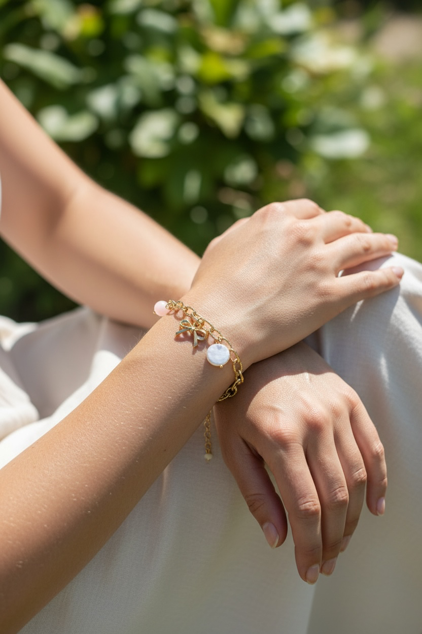 Edelstahl Armband mit länglichen groben Gliedern. Eingehängt sind drei verschiedene Anhänger.
Ein runder Muschel-Anhänger mit natürlichem, sommerlichem Look
Eine kleine Schleife für einen femininen, verspielten Touch und ein persischer Jaspis Stein.