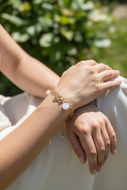 Edelstahl Armband mit länglichen groben Gliedern. Eingehängt sind drei verschiedene Anhänger.
Ein runder Muschel-Anhänger mit natürlichem, sommerlichem Look
Eine kleine Schleife für einen femininen, verspielten Touch und ein persischer Jaspis Stein.