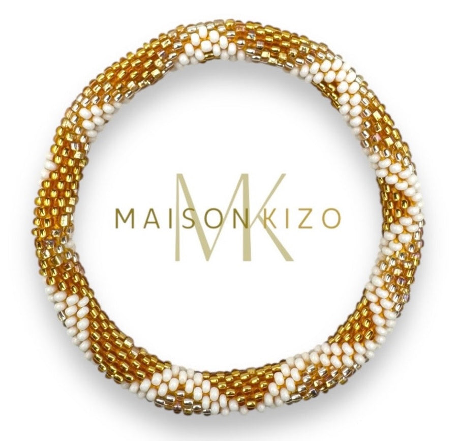 Handgefertigtes Gasperlen Armband aus Nepal mit Miyuki Perlen in Gold , Elfenbein Farben.