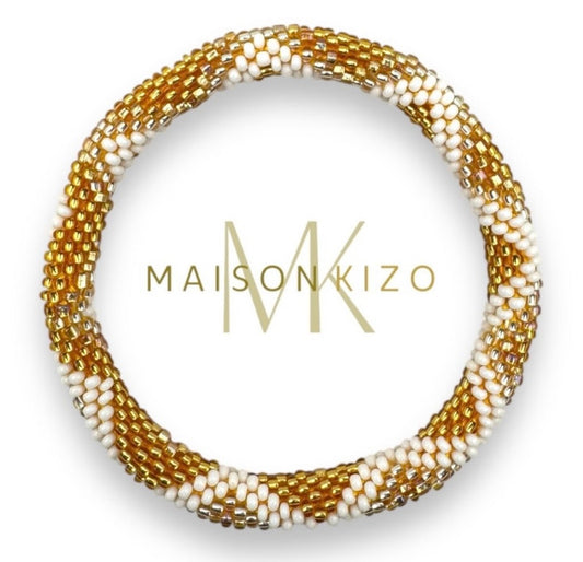 Handgefertigtes Gasperlen Armband aus Nepal mit Miyuki Perlen in Gold , Elfenbein Farben.