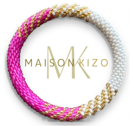 Fair Trade hergestelltes Glasperlen Armband mit Miyuki Perlen. Handgearbeitet in den Farben pink, Weiß und Gold!
