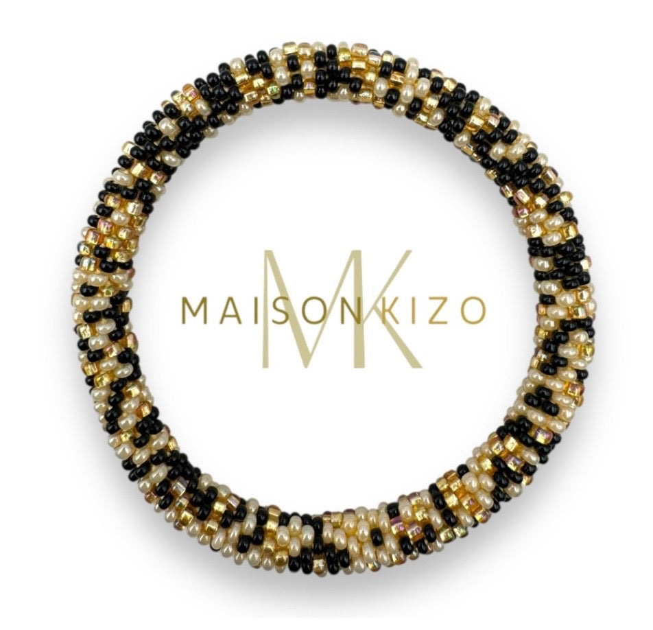 Handgefertigtes Gasperlen Armband aus Nepal mit Miyuki Perlen in schwarz, Gold und beige 