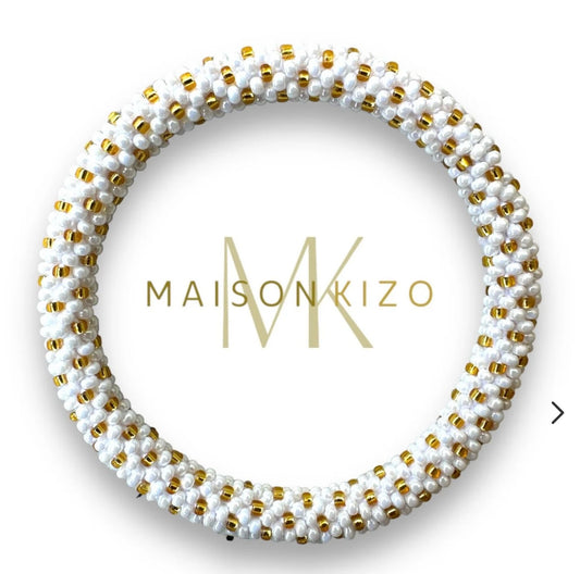 Fair Trade hergestelltes Glasperlen Armband mit Miyuki Perlen! Handgearbeitet in Gold und weiß