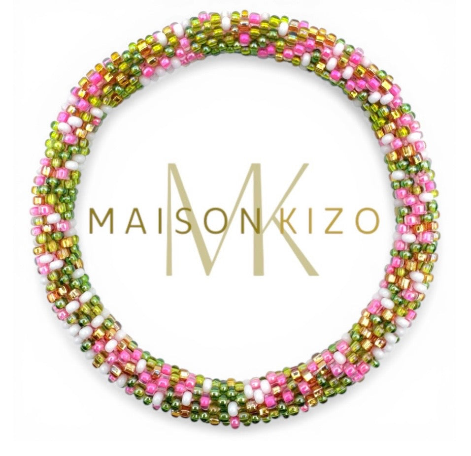 Handgefertigtes Gasperlen Armband aus Nepal mit Miyuki Perlen in knalligen pink, weiß,grün und gold.