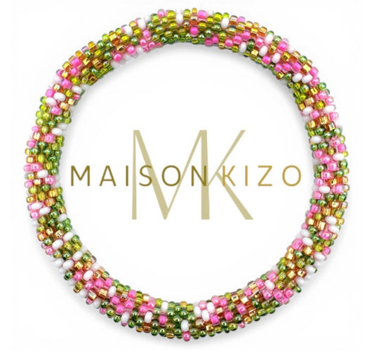 Handgefertigtes Gasperlen Armband aus Nepal mit Miyuki Perlen in knalligen pink, weiß,grün und gold.