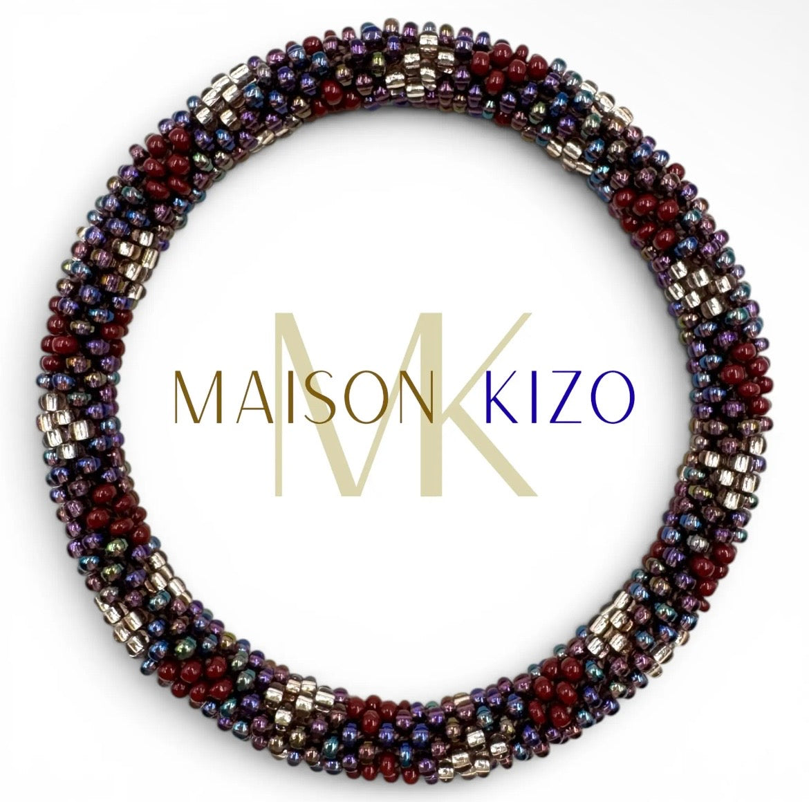 Glasperlenarmband „Bordeaux Boho" aus Nepal in Bordeaux, Blau-Metallic und Silber