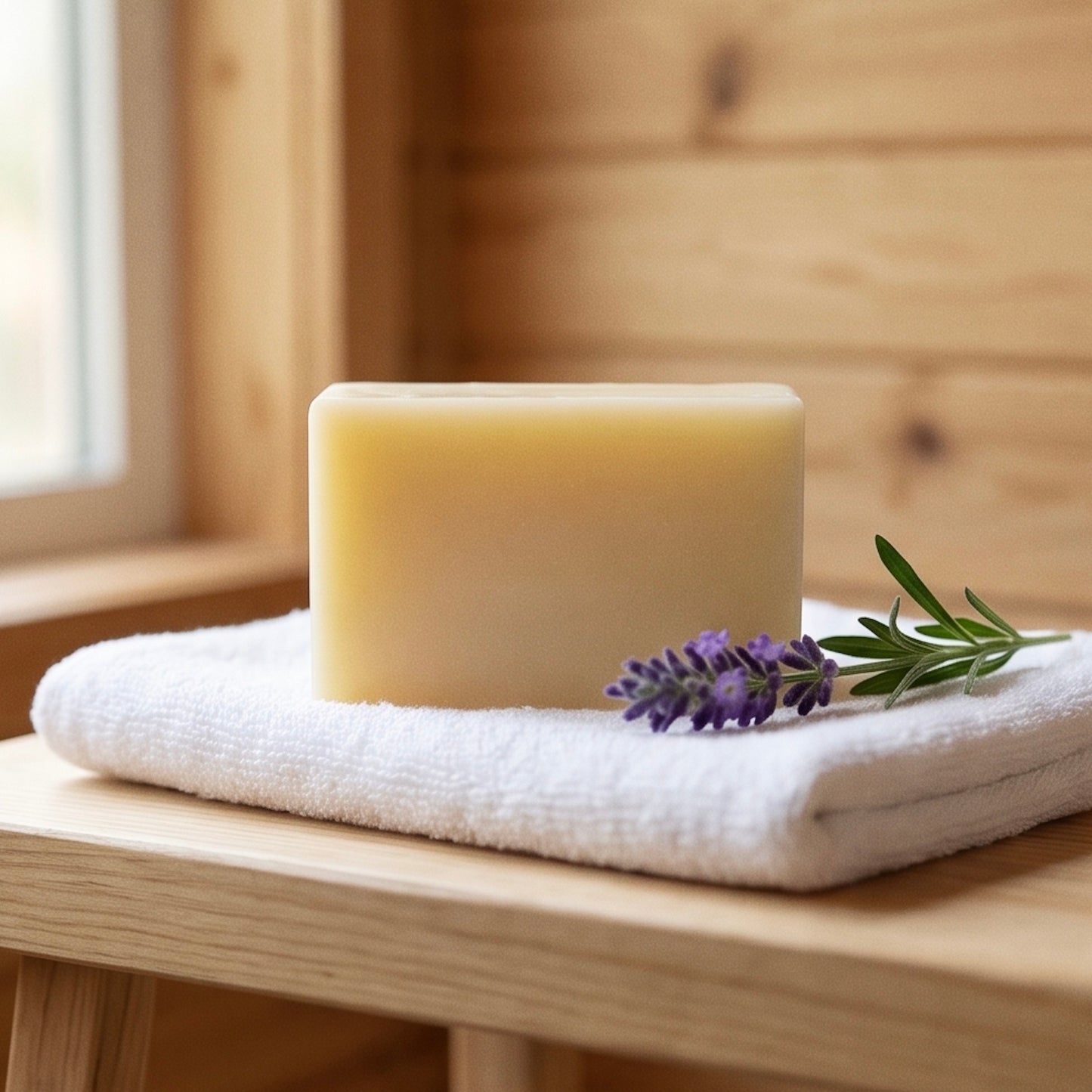 Nahaufnahme der handgeschnittenen Lavendel-Naturseife 