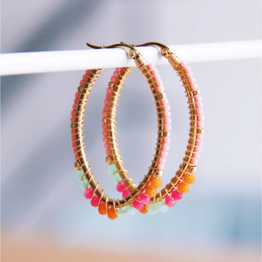 Ovale Edelstahl Creole mit Miyuki und Facetten Perlen in Orange, pink und mint!