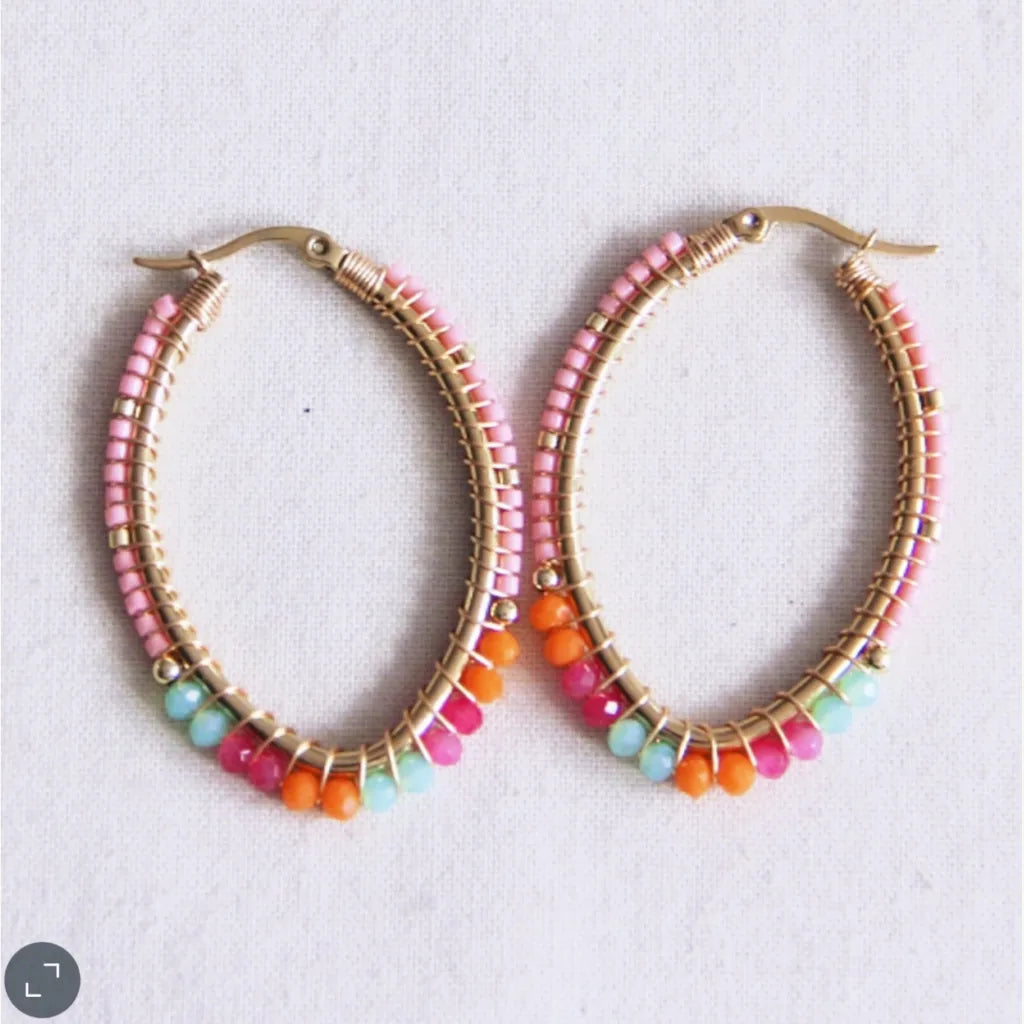 Ovale Edelstahl Creole mit Miyuki und Facetten Perlen in Orange, pink und mint!